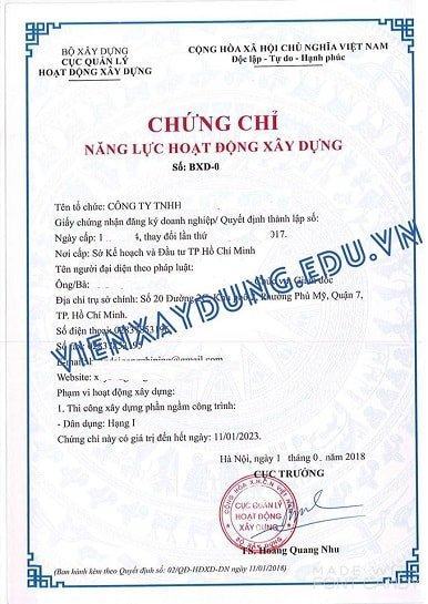 Chứng chỉ năng lực tổ chức hoạt động xây dựng Chứng chỉ năng lực tổ chức hoạt động xây dựng